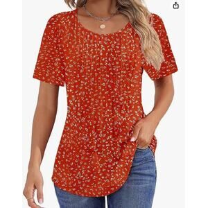 Women's Floral Tunic Tops Pleated Crew Neck Puff Short Sleeve Blouses